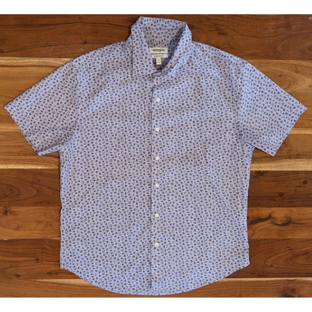 Bonobos Mens Standard Fit Short Sleeve Button Down Shirt Blue Travel Print M
